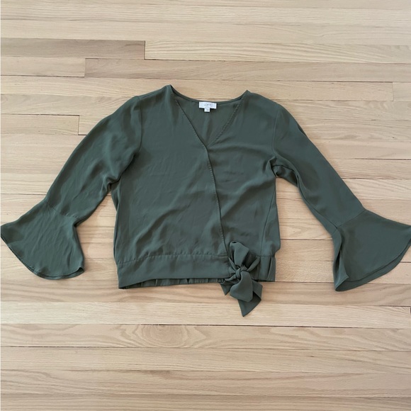 Loft Olive Green Long Sleeve Bell Sleeve Faux Wrap Shirt Small - Picture 13 of 13